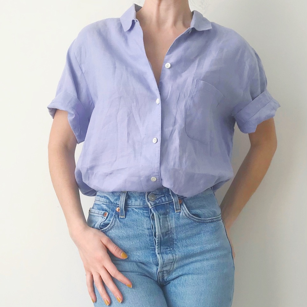 L.L. Bean • 100% Linen Cornflower Blue Button Down